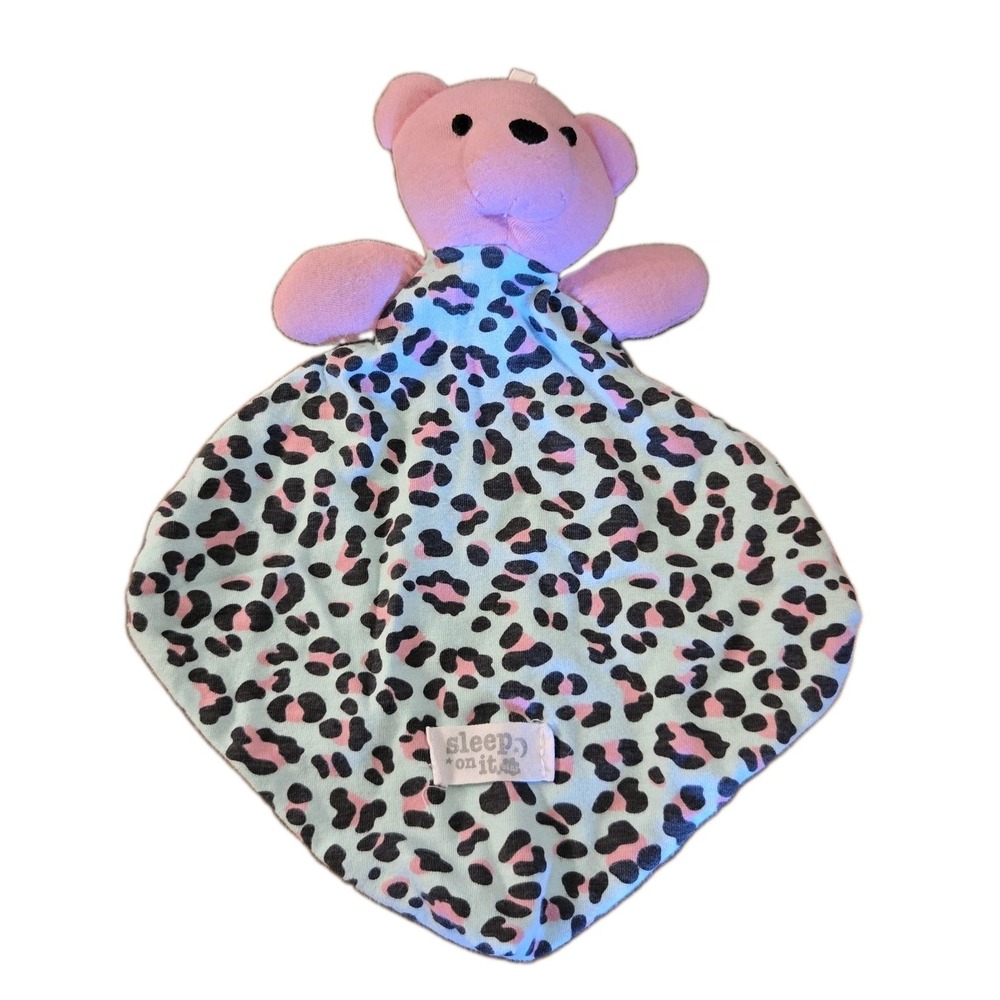 Sleep On It Pink Bear Lovey Security Blanket Blue Pink Leopard Print Knot Corner